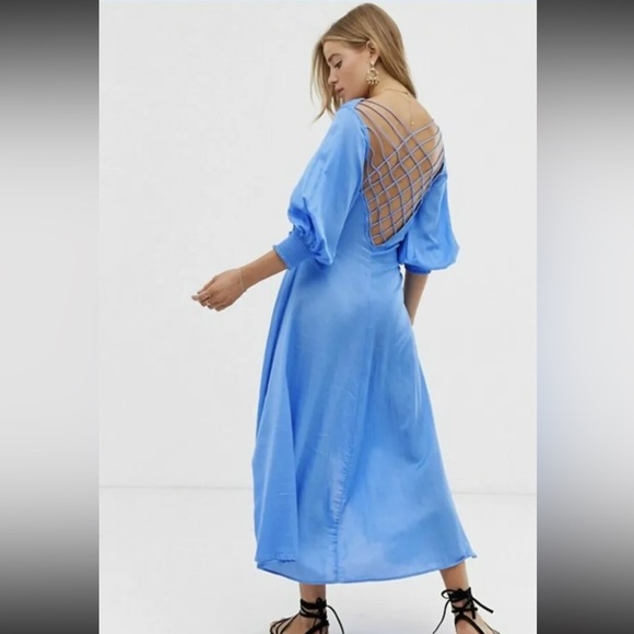 Free People Dresses & Skirts - Free People Later Days Strappy Satin Midi Dress Blue 3/4 Sleeve sz 10